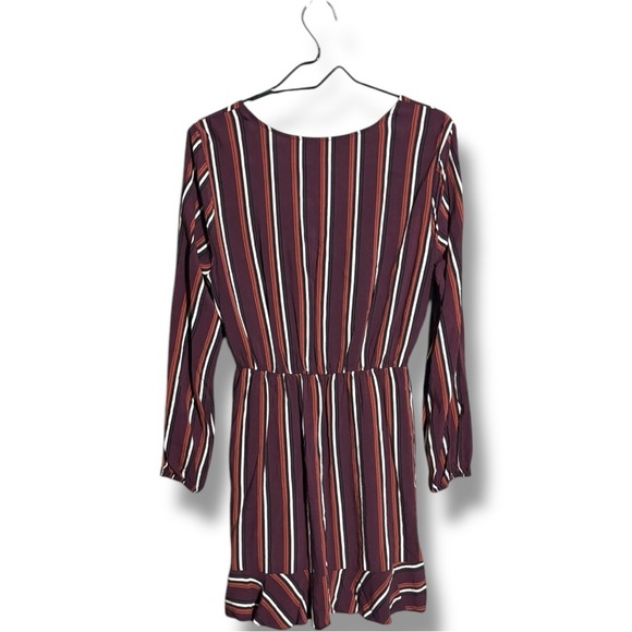 Exhilaration Maroon/Cream Striped Cinch Waist V-Neck Long Sleeve Faux Wrap Dress - Picture 10 of 16